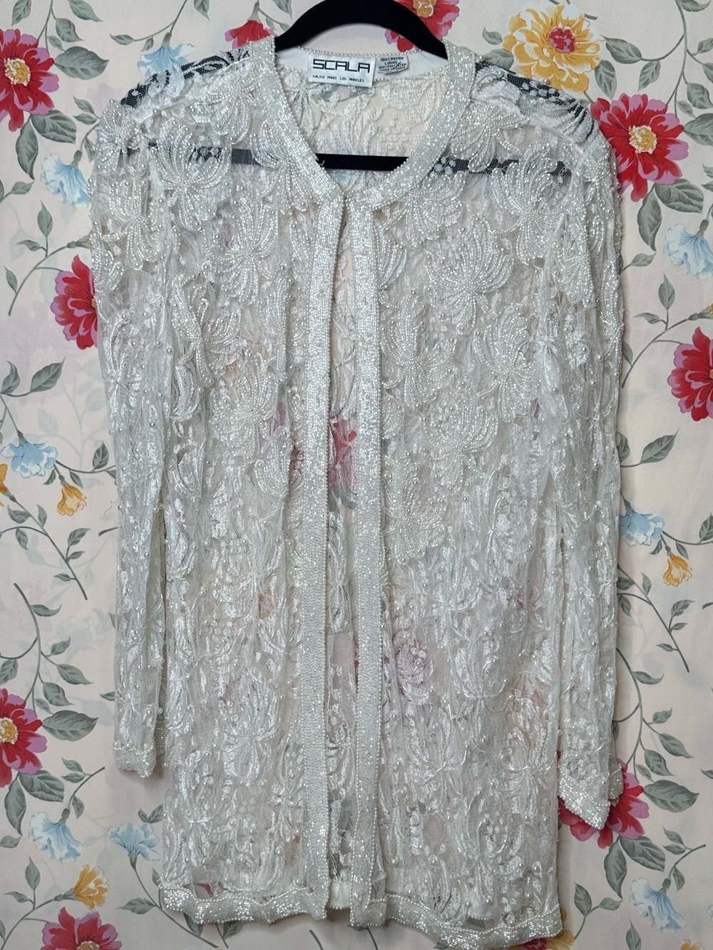 SCALA | Vintage Ivory Bridal | Pearl Beaded Sheer | Petite Medium | Excellent